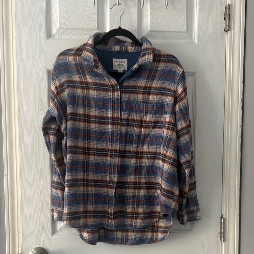 Blue and Orange Fleece Plaid Button-Up Shirt